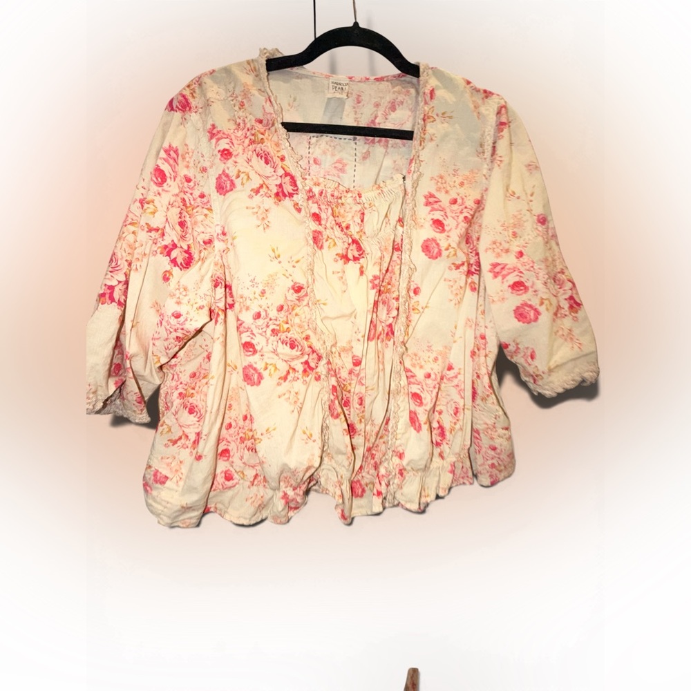 MAGNOLIA PEARL Floral Pink and Cream Blouse WITH ties in the back OSFM